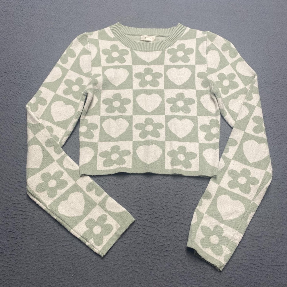 Debut Sweater Womens Small Green Heart Flower Check Crew Neck Knit Cropped